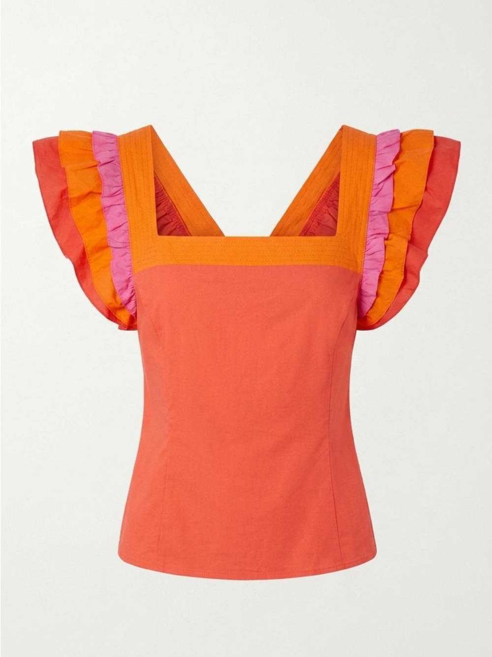 Pink Lilly Women’s Ruffled Square-Neck Top in Coral Orange and Pink